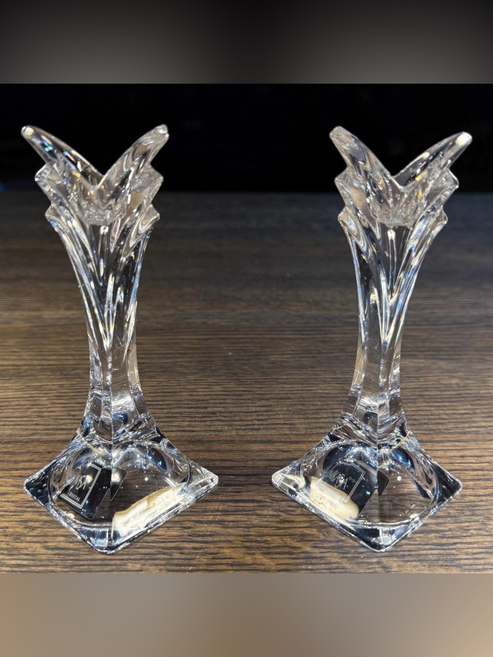 Pair Of Vintage Mikasa Deco Fine Lead Crystal Candlestick Holders 5” EUC
